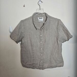 Flax 100% Linen Short Sleeve Button Down Cropped Shirt Women's Beige Gray Size M
